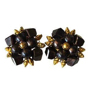 Vintage Floral Clip-On Earrings Gold & Brown Bead Design Retro Costume Jewelry